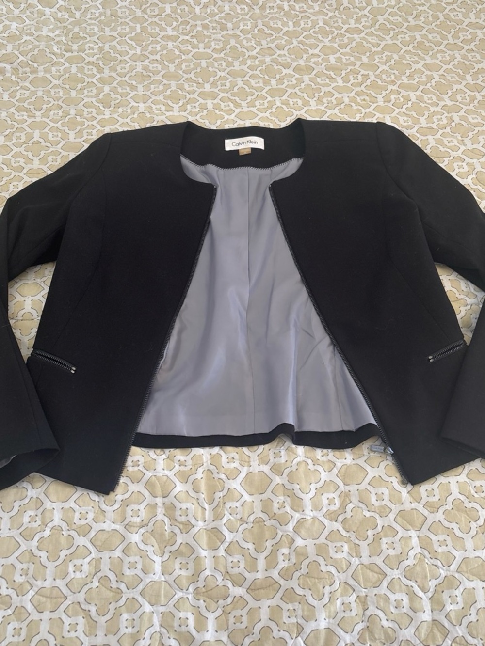 Calvin Klein Black Collarless Zip Blazer with Gray Lining